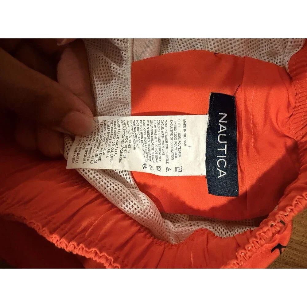 Nautica Men’s Anchor Print Swim Trunks Orange/Navy L Drawstring Lined Pockets
